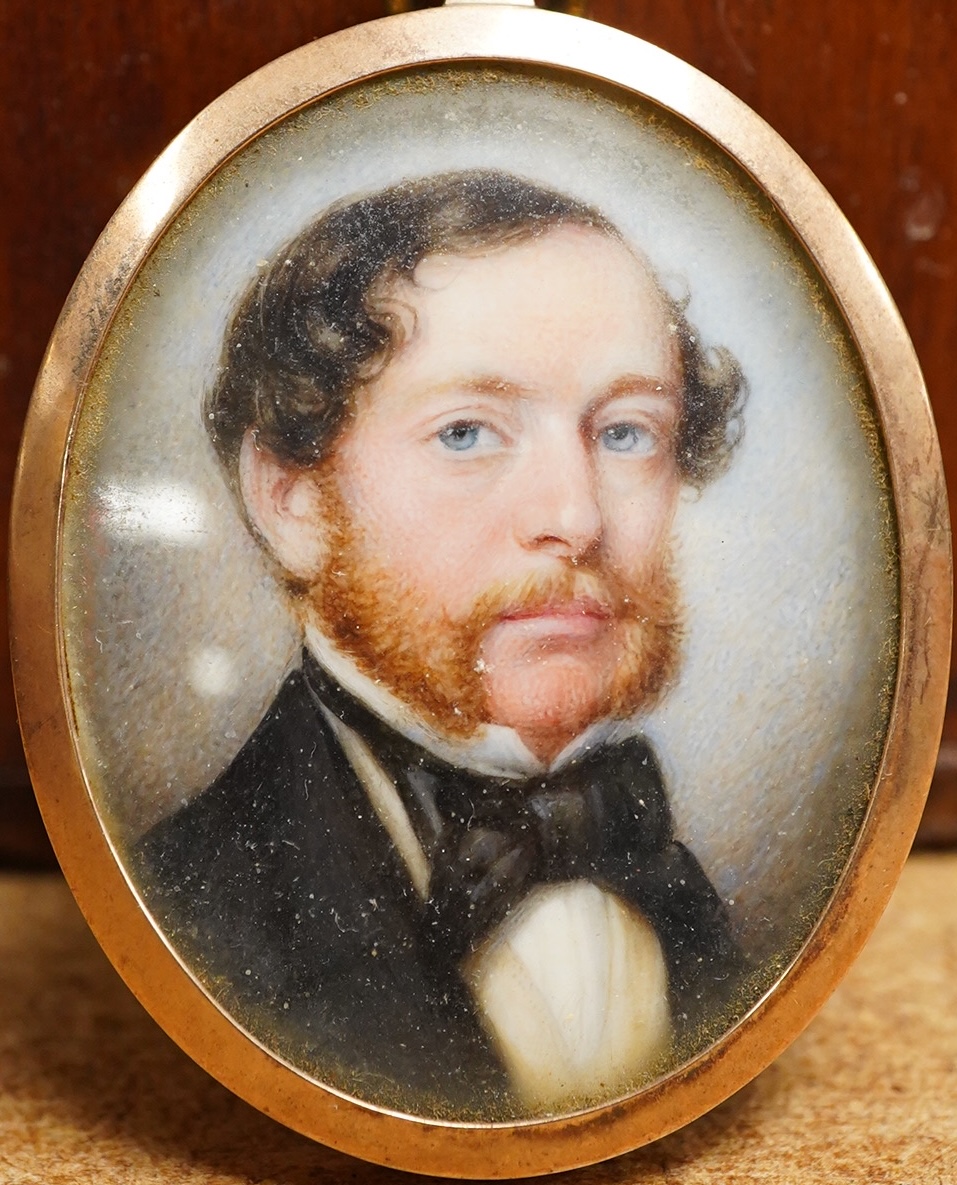 Victorian school, Portrait miniature of John Long, oval watercolour on ivory, engraved March 1852 verso, housed in a yellow metal pendant frame, 4.5 x 3.5cm CITES Submission reference CK5SCA7P